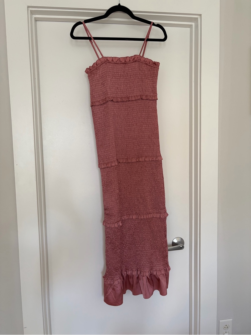 MABLE Smocked Ruffle-Strap Midi Dress Maternity — Dusty Rose